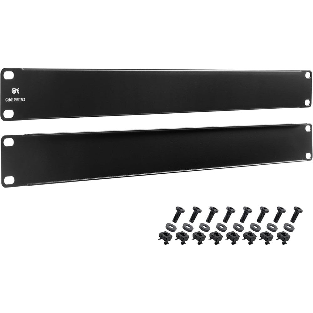 Cable Matters 1U blank panels front view showcasing the smooth black finish and mounting holes.