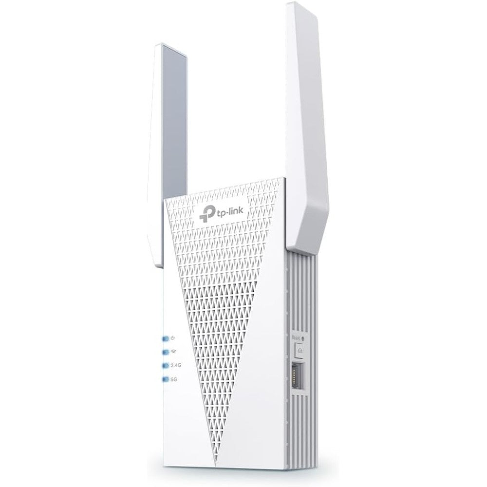 TP-Link AX3000 WiFi 6 Range Extender front view showing signal strength indicator