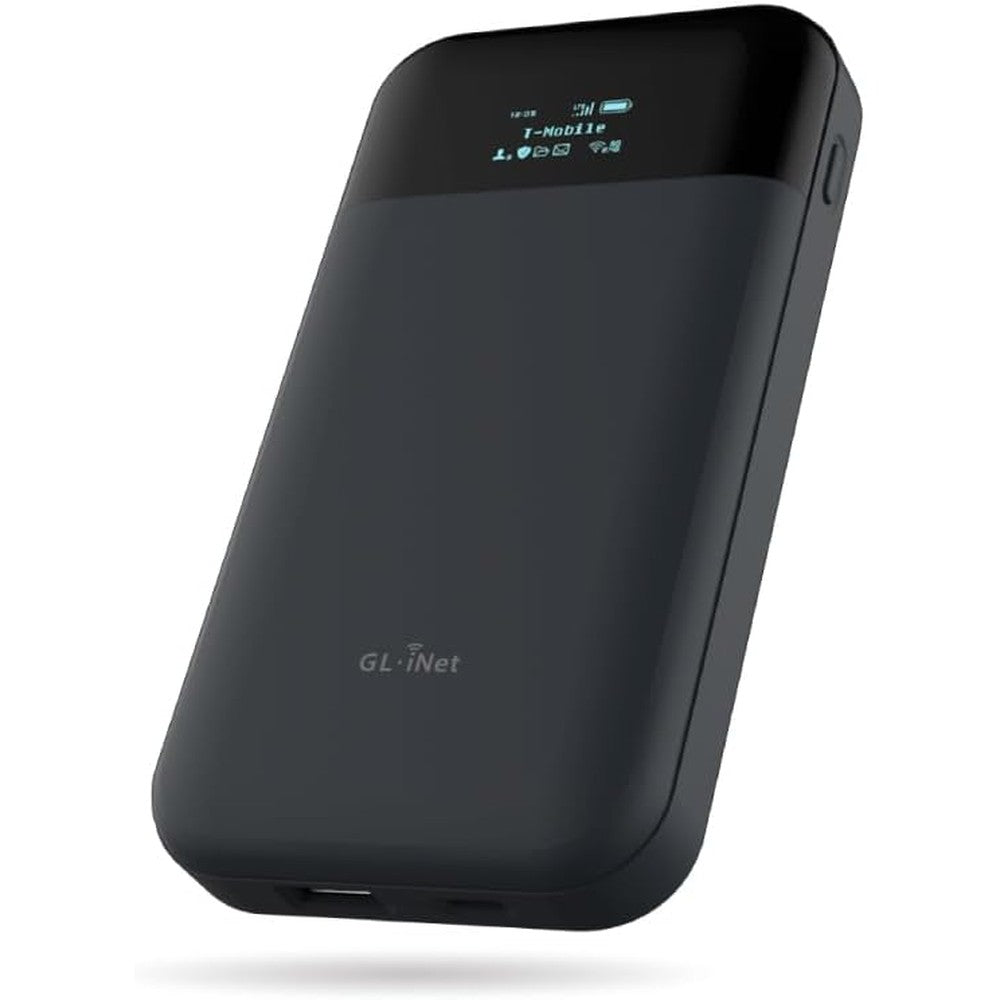 GL.iNet Mudi GL-E750V2 portable travel router front view showing the digital status screen