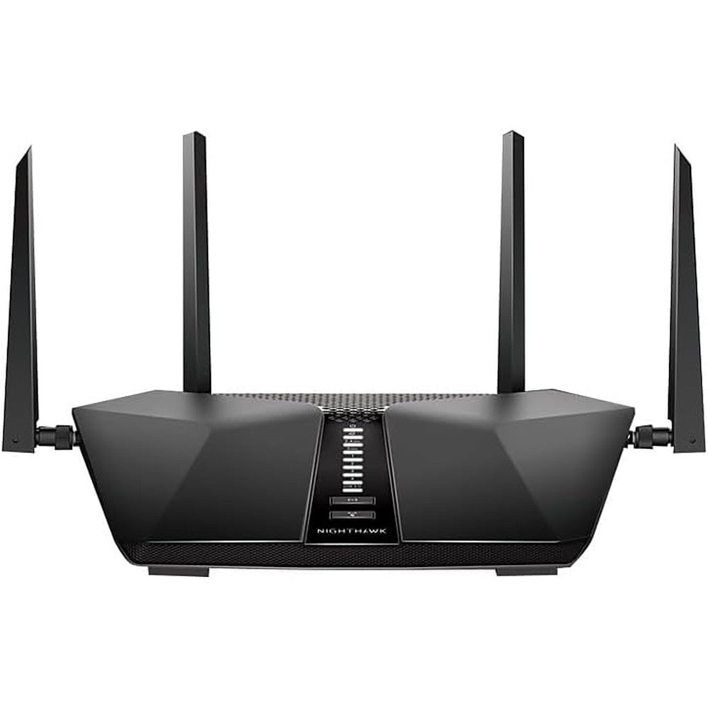 NETGEAR Nighthawk AX5400 WiFi 6 Router front view showing sleek black design and four external antennas