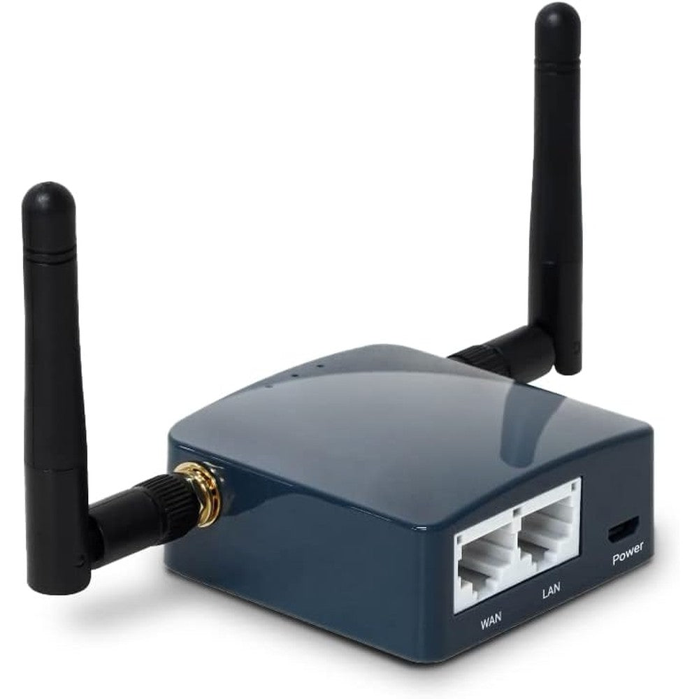 GL.iNet GL-AR300M16-Ext portable travel router front view showing external antennas and compact pocket size