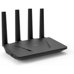 GL.iNet GL-AX1800 Flint Wi-Fi 6 router front view displaying four high-gain black antennas.