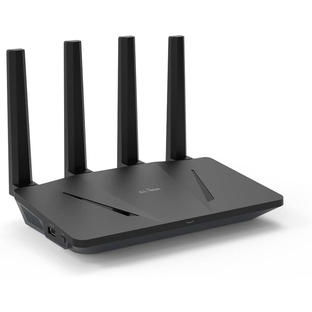GL.iNet GL-AX1800 Flint Wi-Fi 6 router front view displaying four high-gain black antennas.
