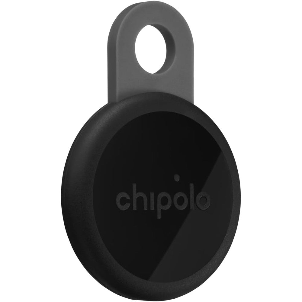 Chipolo Loop rechargeable bluetooth tracker charcoal black front view showcasing the convenient built in keychain loop hole.