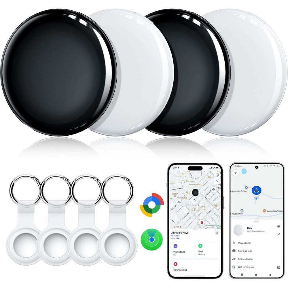 RARVSHD Air Tracker Tags dual system four pack front view showing black and white smart trackers for keys