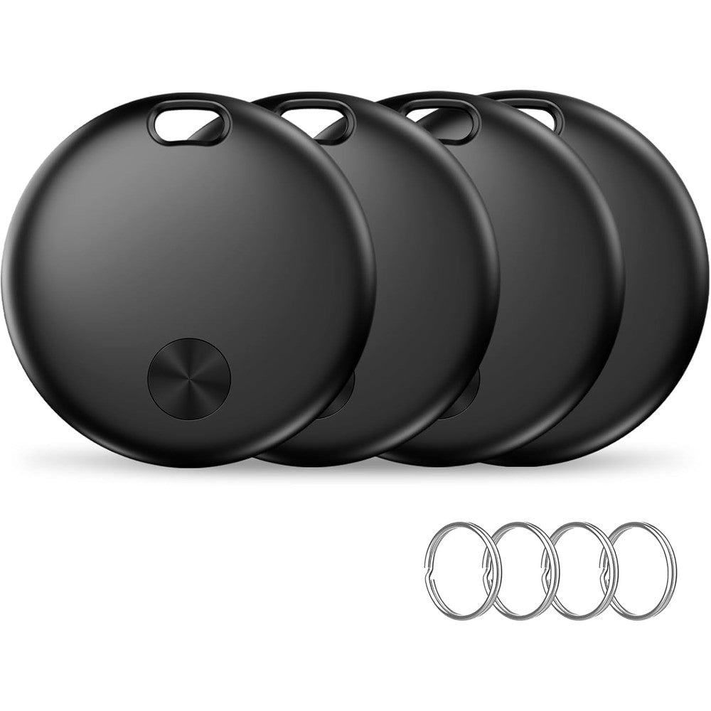 Hauibela smart tracker tag four pack item finder front view showcasing compact white circular design with attached metallic keychains