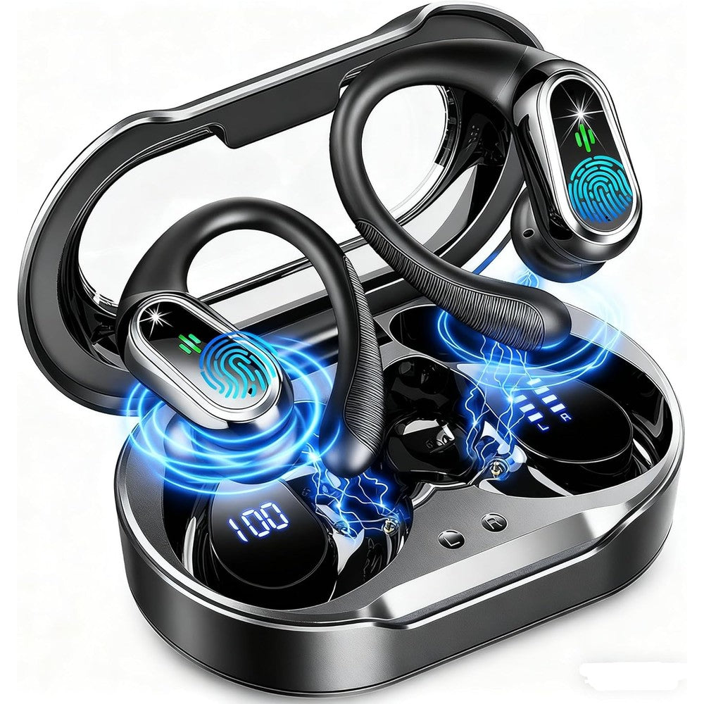 Rolosar wireless sport earbuds with earhooks and charging case front view