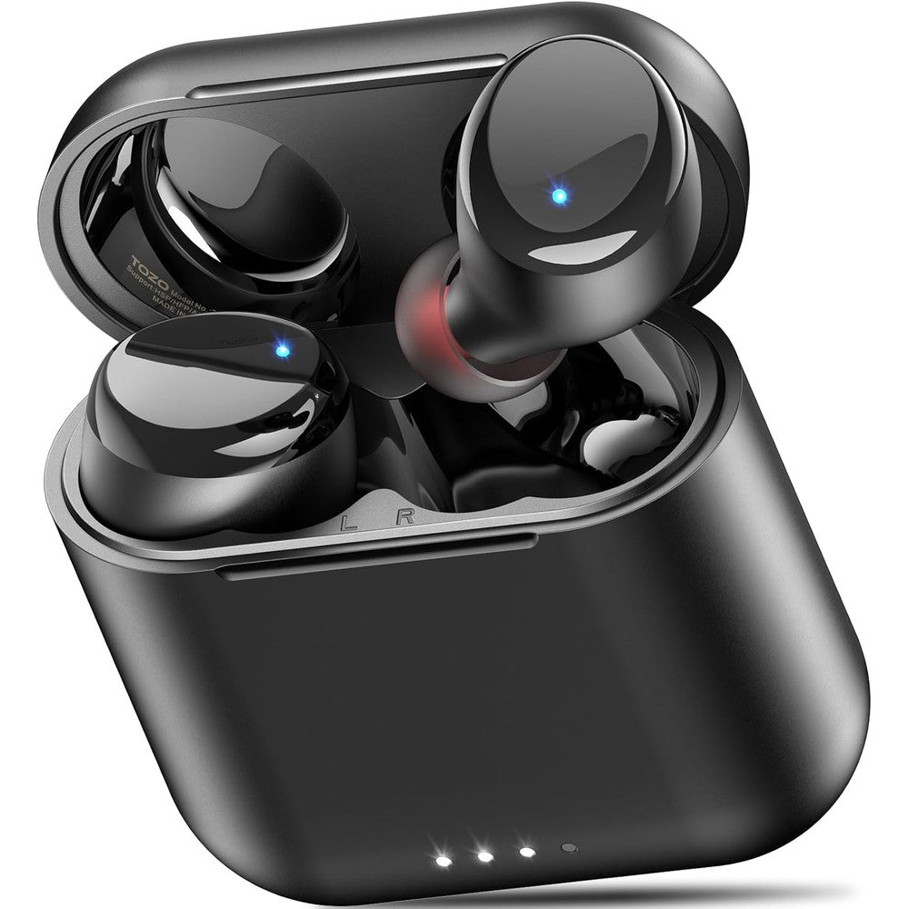 Tozo T6 wireless earbuds with charging case front view