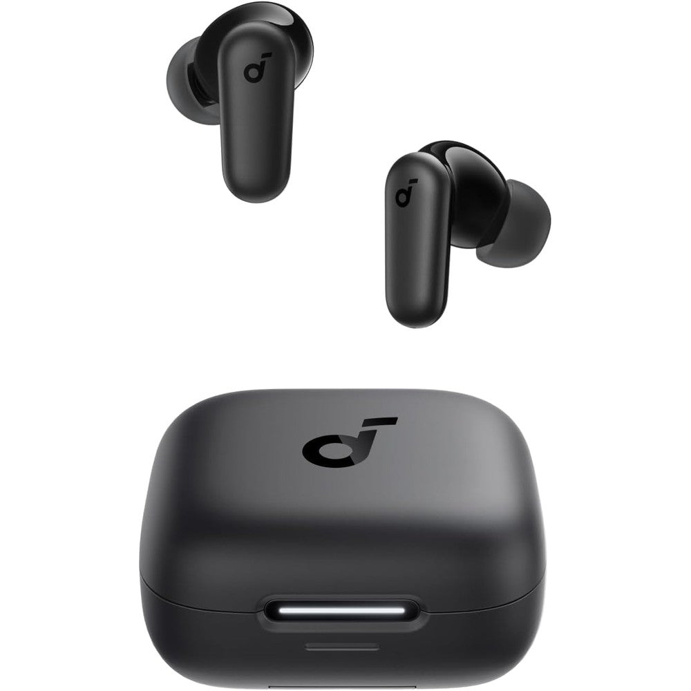 Soundcore P30i noise cancelling wireless earbuds in black front view.