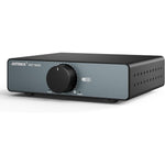 AIYIMA A07 MAX power amplifier front view showing volume knob and power switch.