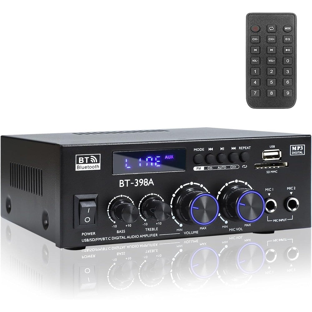 Joengoep BT-398A stereo audio amplifier front view showing volume knobs and dual microphone ports