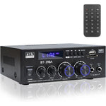Joengoep BT-398A stereo audio amplifier front view showing volume knobs and dual microphone ports