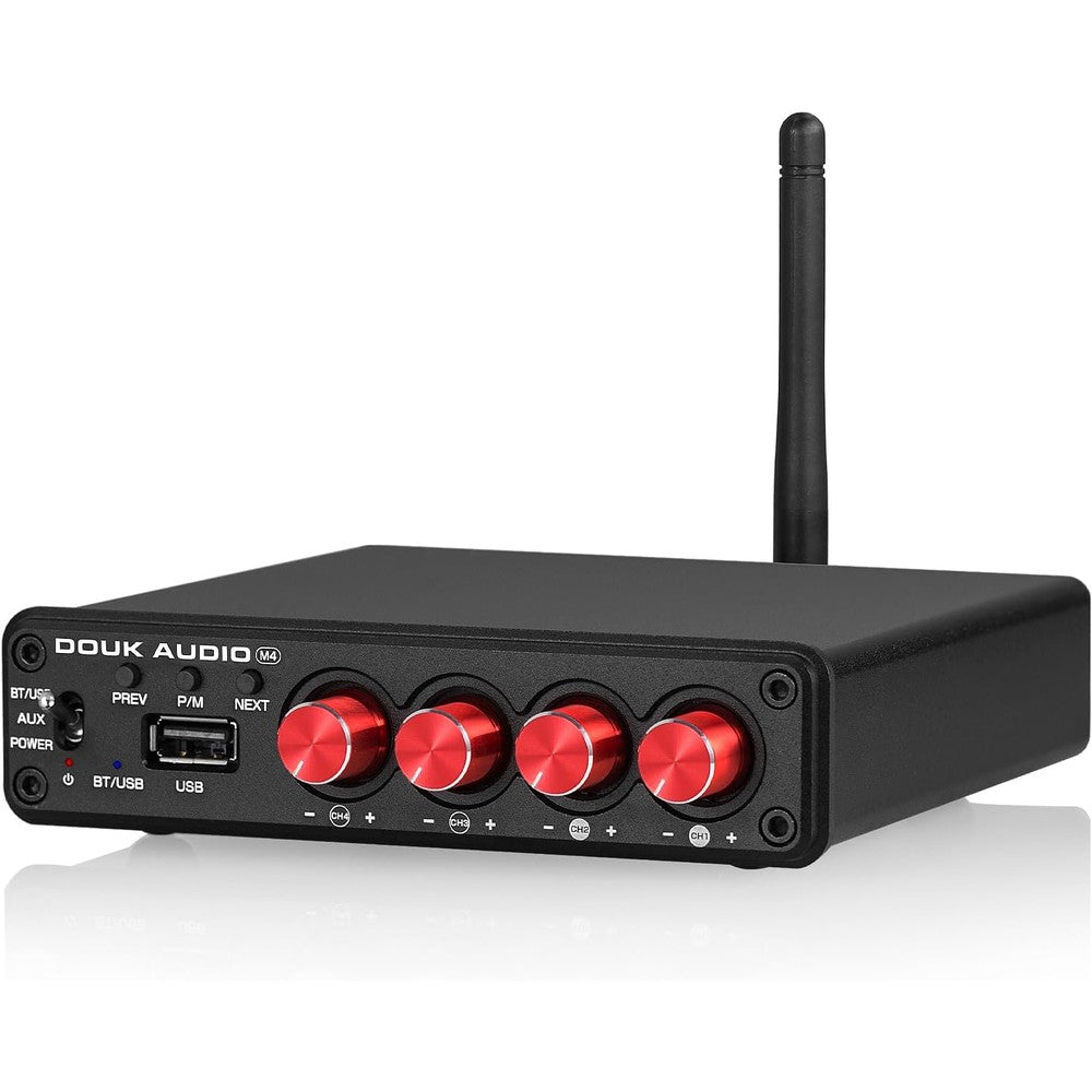 Douk Audio M4 four channel bluetooth amplifier front view highlighting red independent volume control knobs