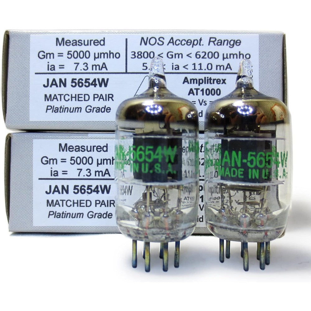 Riverstone Audio JAN 5654W vacuum tubes front view of matched pair next to boxes