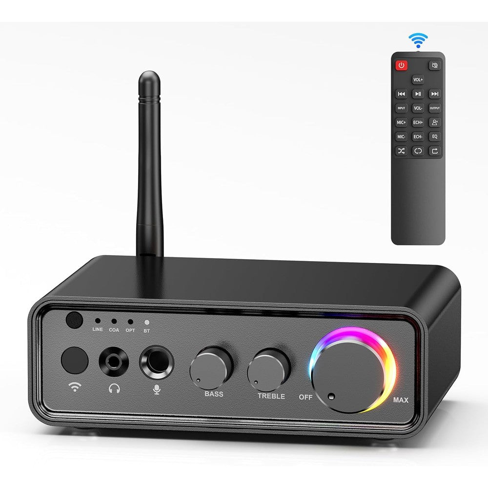 MOREGAX M19 Bluetooth 5.3 amplifier stereo receiver front view showing volume bass and treble knobs.