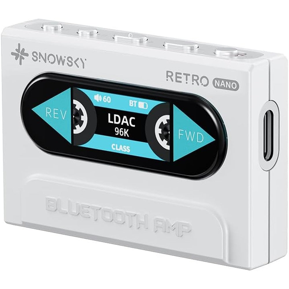 FiiO Snowsky Retro Nano Bluetooth USB DAC amplifier front view in white showing classic cassette player design