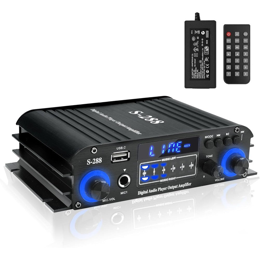 AWKAQUN 4 channel stereo amplifier front view showing digital display volume controls and microphone inputs