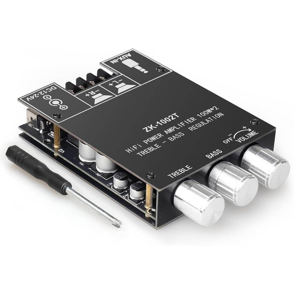 Odektooy ZK-1002T Bluetooth 5.1 amplifier board front view showing physical volume treble and bass control knobs