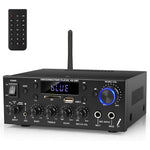 Romicta stereo audio amplifier front view showing central liquid crystal display and blue illuminated master volume knob