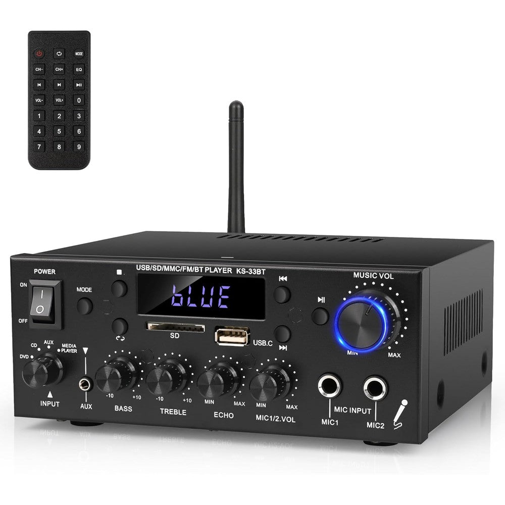 Romicta stereo audio amplifier front view showing central liquid crystal display and blue illuminated master volume knob