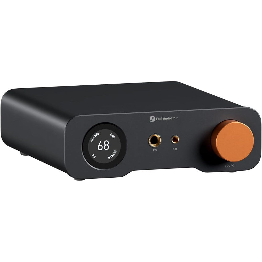 Fosi Audio ZH3 fully balanced desktop DAC and headphone amplifier front view showcasing the digital display screen and signature orange volume knob.