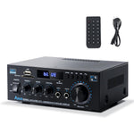 Neohipo AK45 Bluetooth home stereo audio amplifier front view showing volume knobs and media slots.