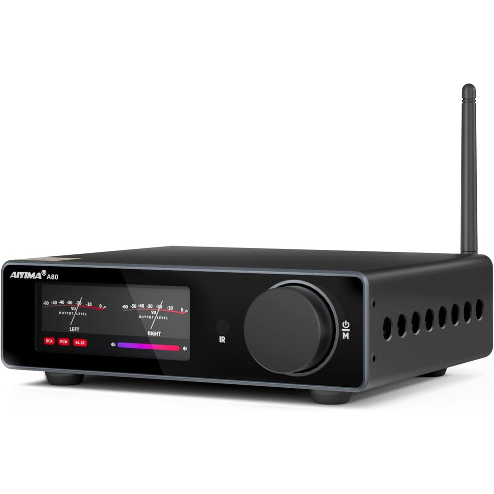 AIYIMA A80 Bluetooth Stereo Amplifier DAC front view showing digital VU meter and control knobs