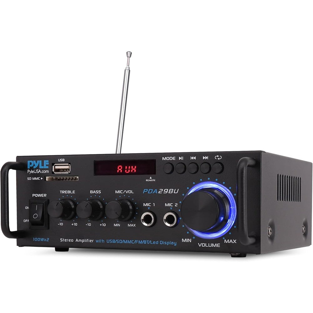 Pyle 200W Bluetooth compact power amplifier front view showing blue LED backlit volume knob and digital display.