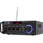 Pyle 200W Bluetooth compact power amplifier front view showing blue LED backlit volume knob and digital display.