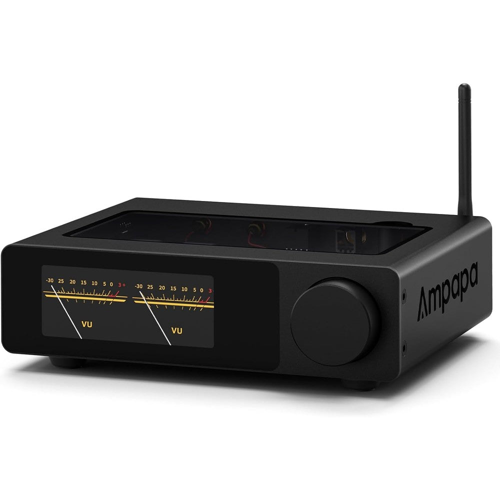 Ampapa D1 2 channel Bluetooth HiFi stereo amplifier front view showcasing the prominent dual digital VU meters and OLED display panel.