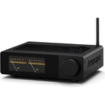 Ampapa D1 2 channel Bluetooth HiFi stereo amplifier front view showcasing the prominent dual digital VU meters and OLED display panel.