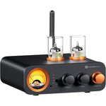 Fosi Audio MC331 tube integrated amplifier front view highlighting the illuminated vintage VU meter and dual vacuum tubes.