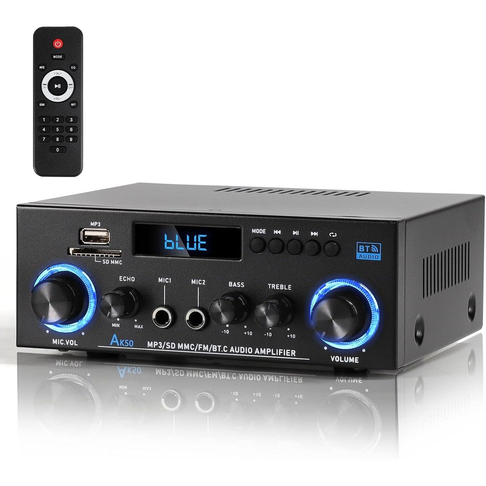 Joengoep AK50 home audio stereo amplifier front panel view displaying volume knobs and digital screen