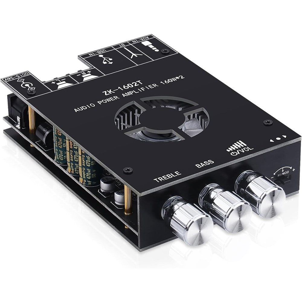 ARRAROWN ZK-1602T Bluetooth audio amplifier board front view showing adjustment knobs.