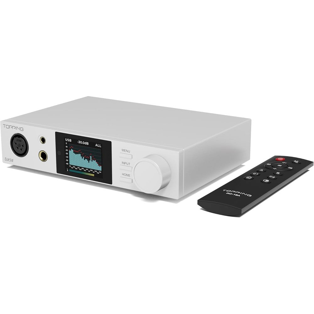 Topping DX5 II high-res desktop DAC and headphone amplifier combo front view in white metal casing