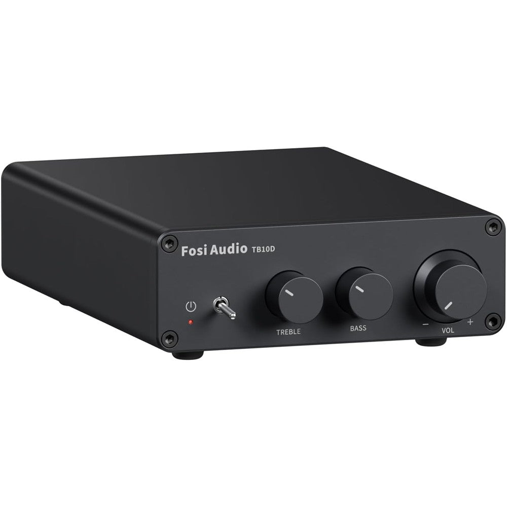 Fosi Audio TB10D 2 channel stereo amplifier front view showcasing the volume bass and treble control knobs
