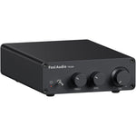 Fosi Audio TB10D 2 channel stereo amplifier front view showcasing the volume bass and treble control knobs