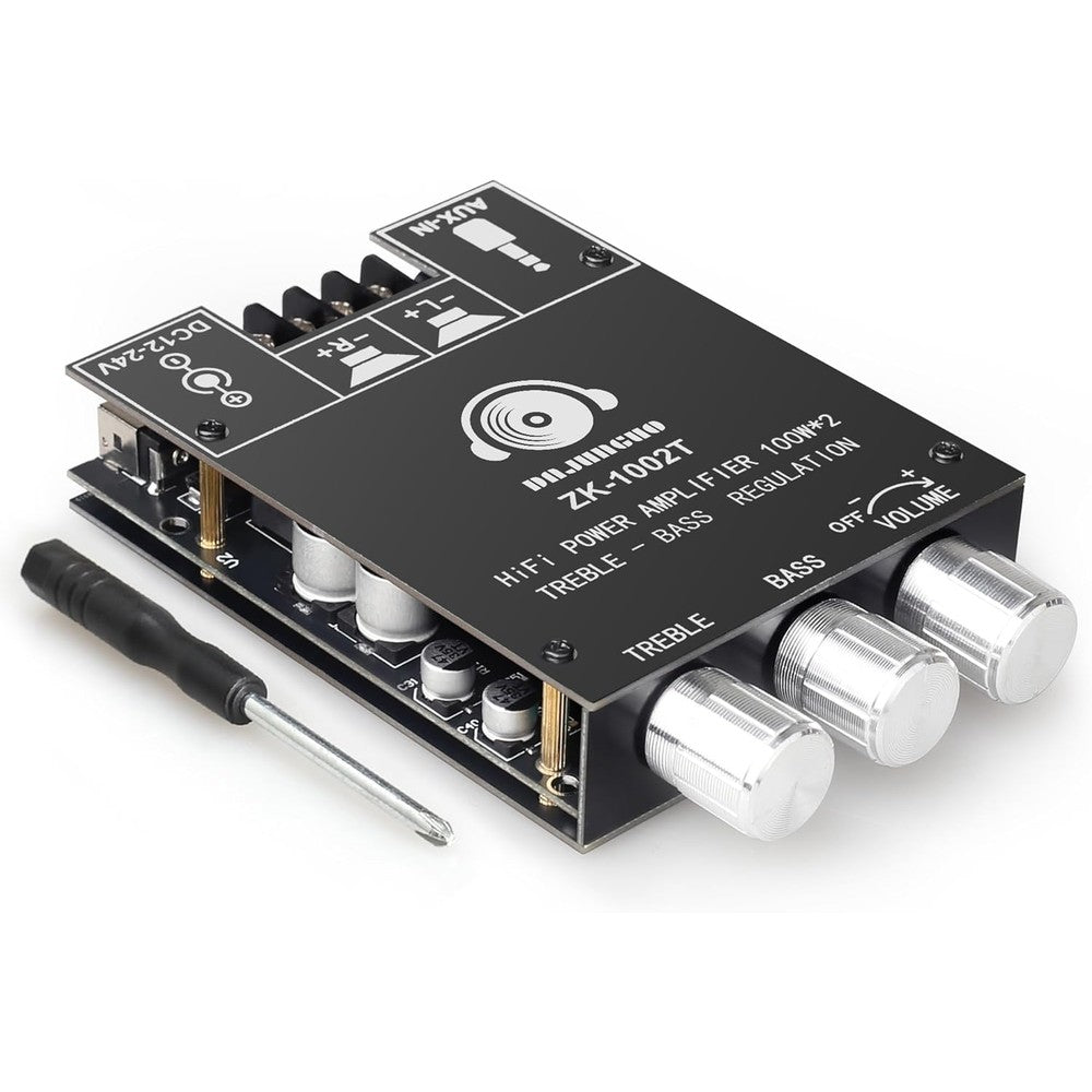 DAMGOO ZK1002T audio amplifier board front view showing the three metallic adjustment knobs for volume treble and bass tuning.