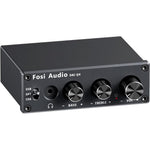 Fosi Audio Q4 desktop digital to analog audio converter front view showcasing volume bass and treble knobs.