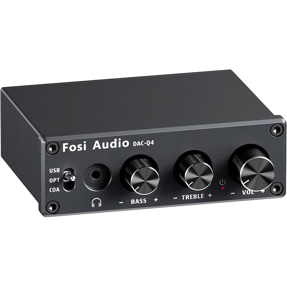 Fosi Audio Q4 desktop digital to analog audio converter front view showcasing volume bass and treble knobs.