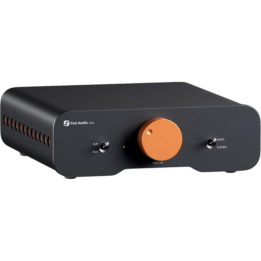 Fosi Audio ZA3 Balanced Stereo Amplifier front view featuring signature orange volume knob and toggle switches.