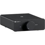 Fosi Audio V3 stereo power amplifier front view showing the minimalist black aluminum casing and central volume knob