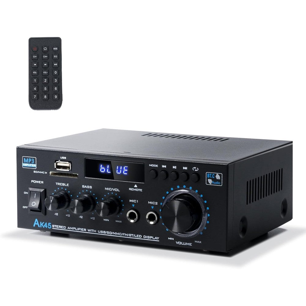 Neohipo AK45 stereo receiver home audio amplifier front view showing LED screen and volume knobs