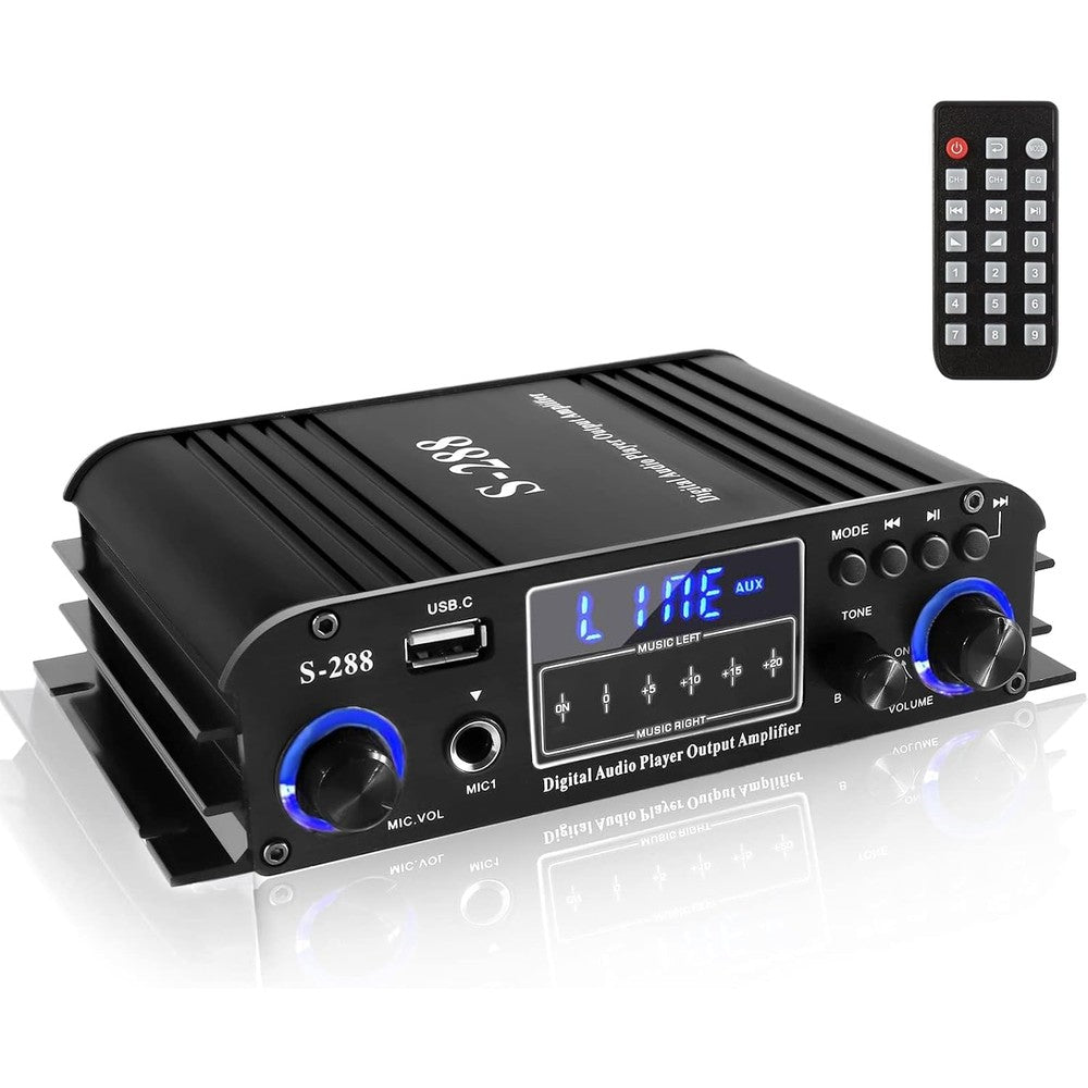 Romicta 4 channel bluetooth home audio amplifier front view showing digital display and control knobs