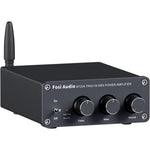 Fosi Audio BT20A Bluetooth stereo amplifier front view featuring volume bass and treble control dials for home audio setup.