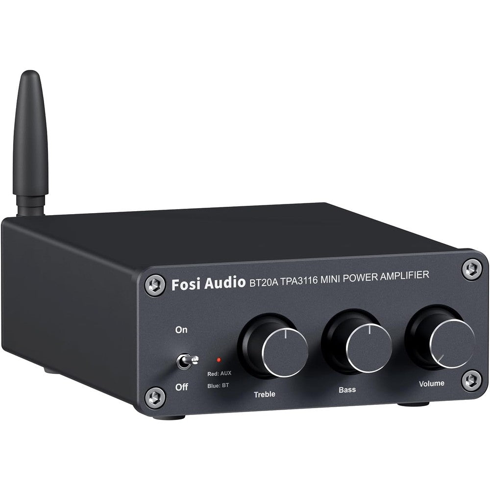 Fosi Audio BT20A Bluetooth stereo amplifier front view featuring volume bass and treble control dials for home audio setup.