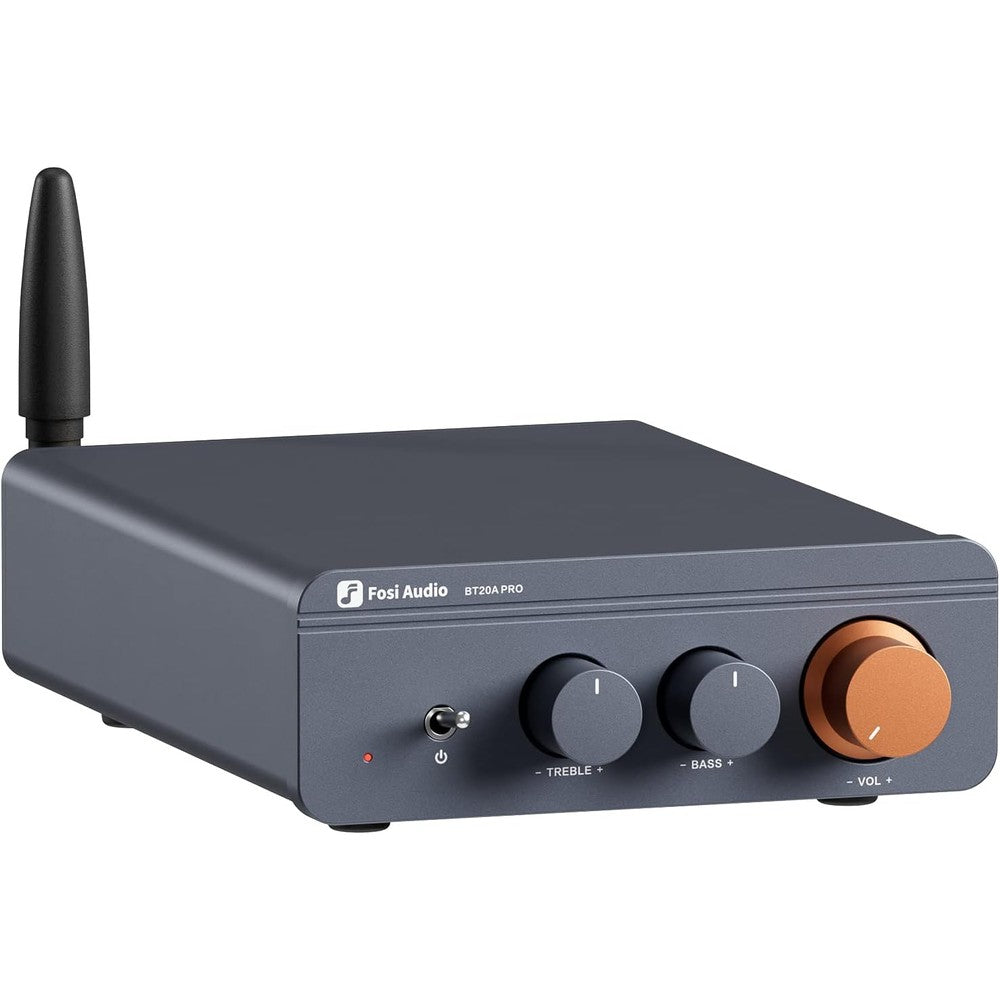 Fosi Audio BT20A Pro Bluetooth 5.0 amplifier front view showing volume bass and treble rotary controls