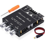 Arrarown ZK-1002T PRO Bluetooth amplifier board front view showing physical treble and bass control knobs