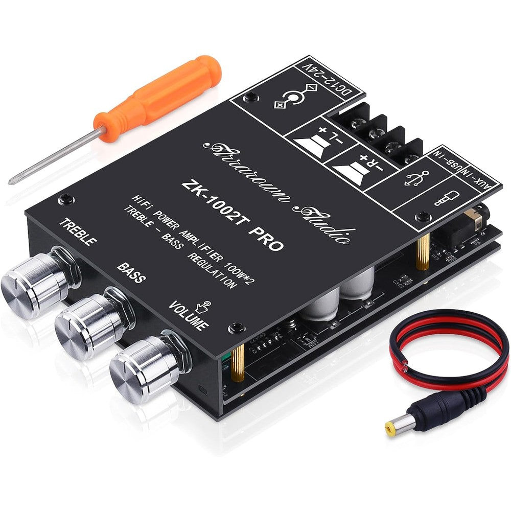 Arrarown ZK-1002T PRO Bluetooth amplifier board front view showing physical treble and bass control knobs