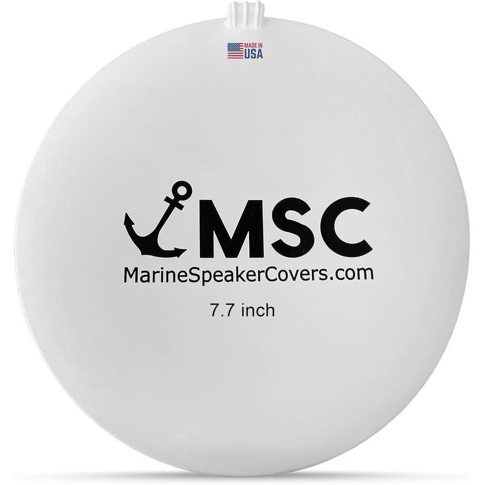 Marine Speaker Covers boat speaker protector front view showing white silicone case with black logo.